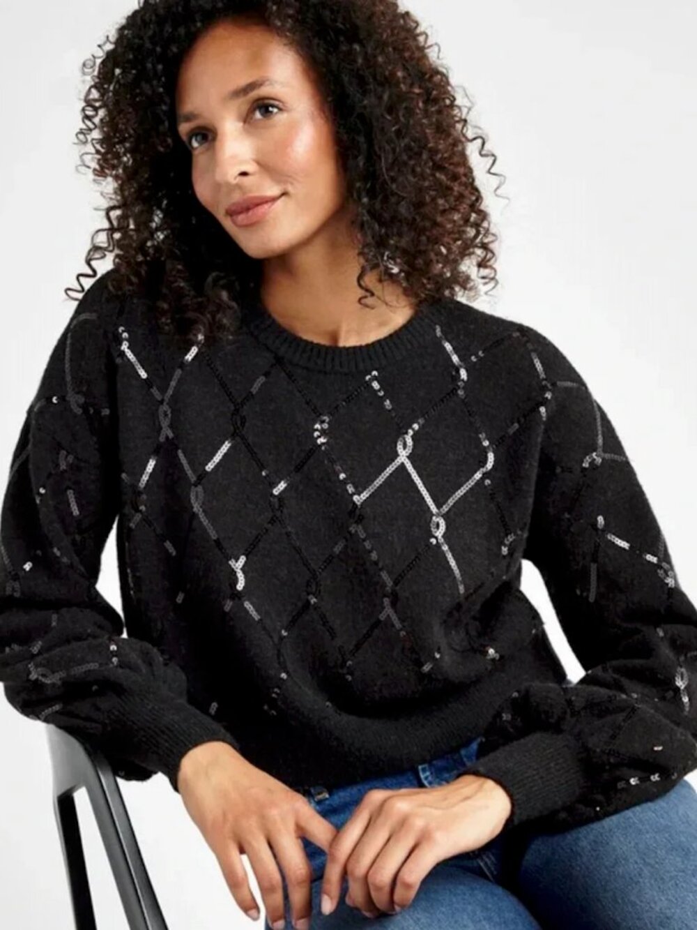 SPLENDID Black Sequin Cross Pattern Crop Sweater Balloon Sleeve S Anthropologie